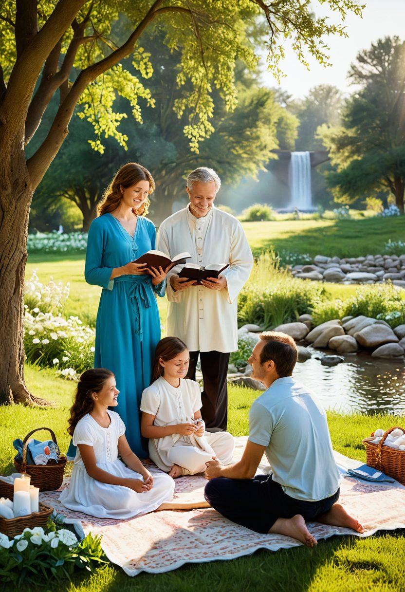 A serene landscape showing a modern Christian family engaged in daily life, surrounded by symbols of scripture like an open Bible, a glowing cross in the background, and nature elements representing harmony. Soft sunlight filters through the trees, casting a warm glow on their activities, illustrating the application of teachings in a contemporary setting. super-realistic. vibrant colors. peaceful ambiance.