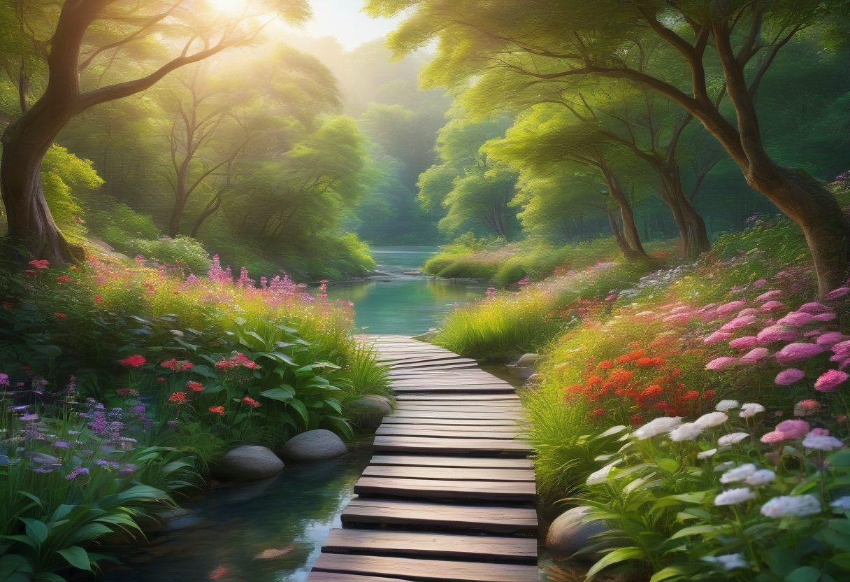 A serene landscape showcasing a winding path leading through a beautiful forest filled with vibrant greenery and colorful flowers. Along the path, scattered symbols of various spiritual practices (like meditation, yoga, and mindfulness) subtly integrated into the scene. A tranquil river flowing nearby reflects the sunlight, creating a sense of peace and enlightenment. The sky is painted in soft pastels, evoking a sense of calm and inspiration. ethereal. vibrant colors. 3D.