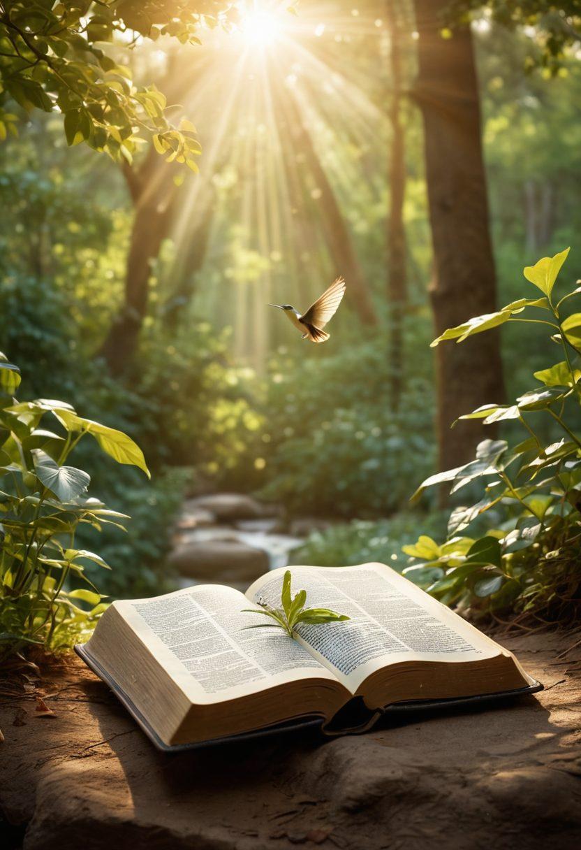 A peaceful scene depicting an open Bible surrounded by a soft glow of light, with a person sitting cross-legged in meditative posture, emphasizing contemplation and faith. The background features lush greenery and gentle sunlight filtering through trees, symbolizing growth in spiritual understanding. Include subtle elements like birds or butterflies to signify freedom and transformation on the faith journey. super-realistic. warm colors. soft focus.